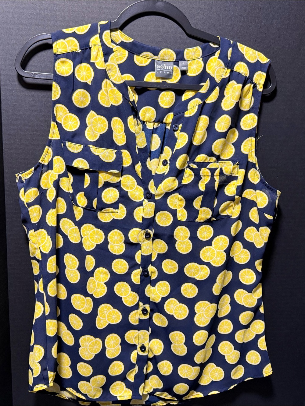 New York & Company Navy and Yellow Lemon-Print Button-Front Tank